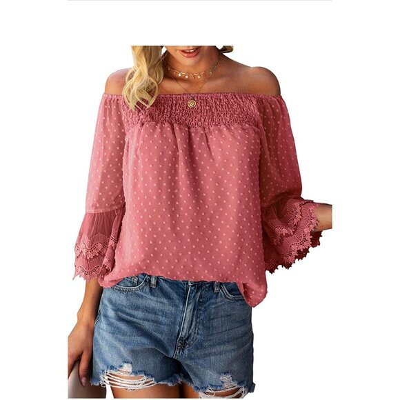 👗 2/$30 👗 Swiss Dot Pink Off Shoulder with Bell Sleeves Blouse Medium - Picture 1 of 4